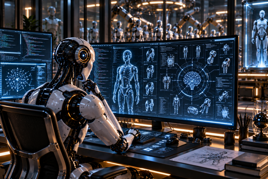 Humanoid AI system at a computer workstation displaying robot designs and code, with robotic systems in a laboratory behind it.