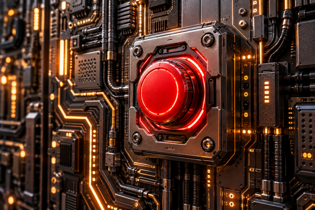 Conceptual AI kill switch depicted as a large illuminated red emergency button embedded in a computer system.